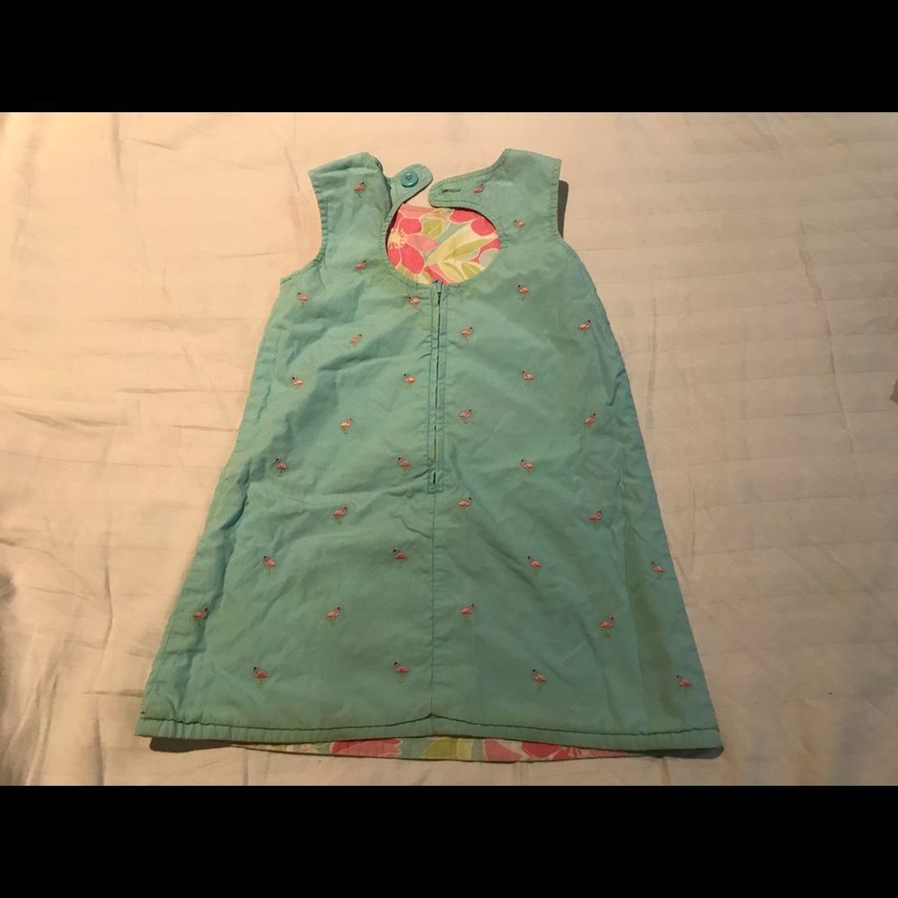 Reversible cotton girl dress floral and flamingo, round cutout back. 4T - Picture 4 of 4